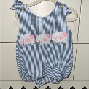 VINTAGE Blue Striped Baby Romper Bubble with Pig Appliqué and Pink Bows